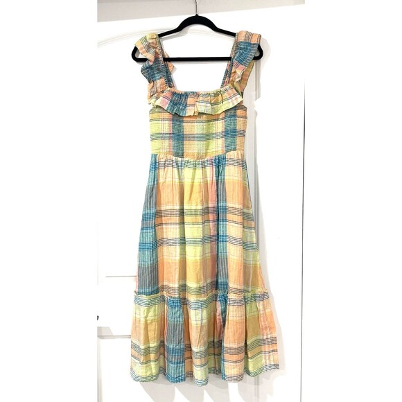 Vineyard Vines XS Smocked Plaid Linen Midi Dress Pockets Preppy Coastal NEW - Picture 1 of 10